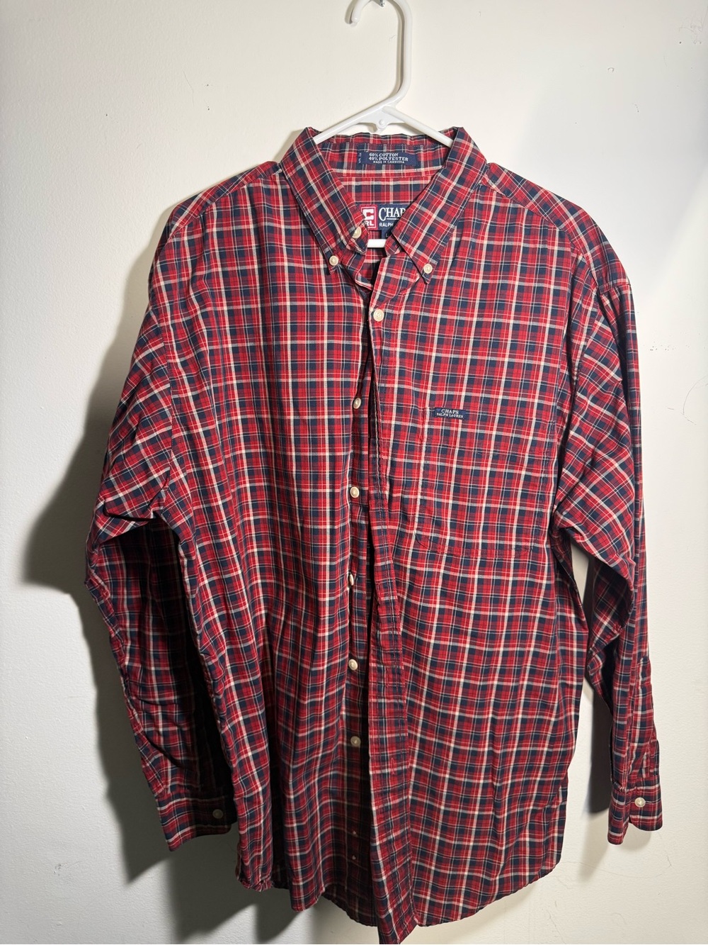 Chaps Men's Red and Navy Plaid Button-Down Shirt